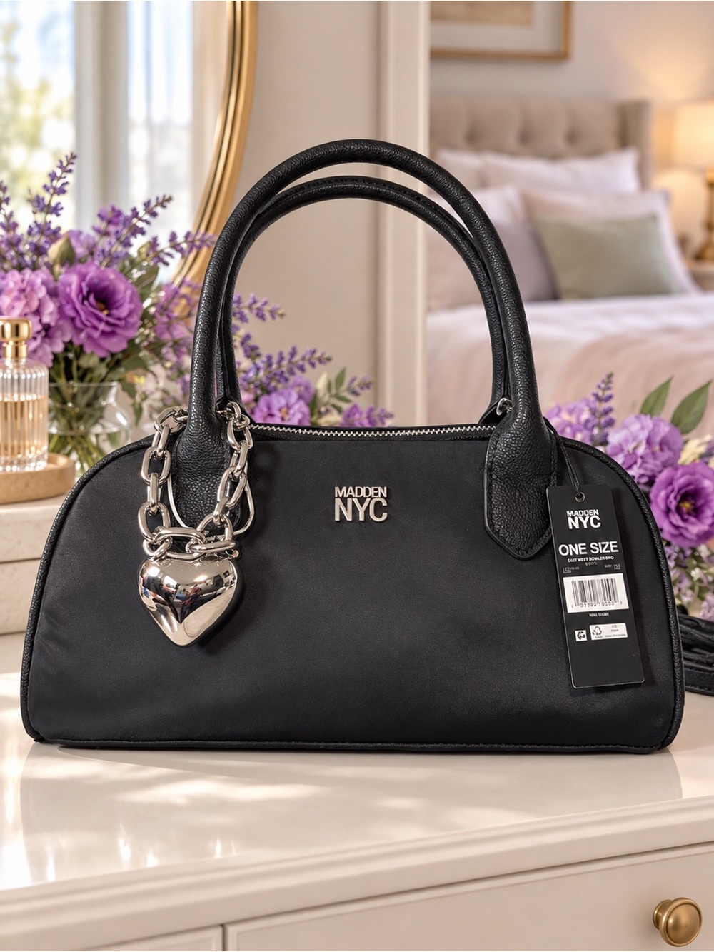 Madden NYC Black Dome Satchel with Heart Charm Accent